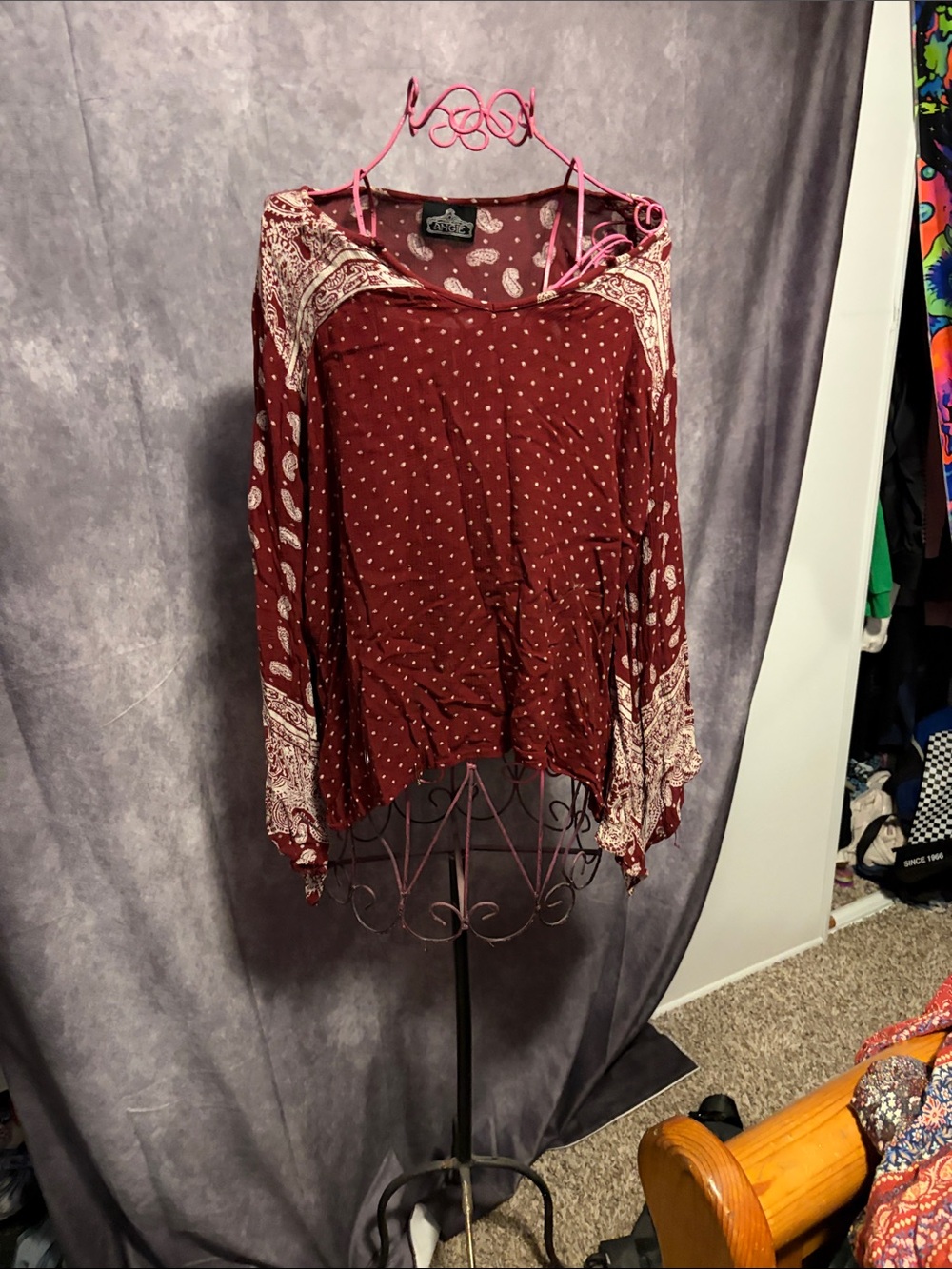 Angie Burgundy Paisley Dot Peasant Blouse